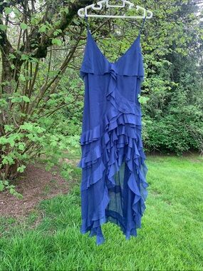 Y2K Venus navy ruffle asymmetrical high low open front sheer dress 16